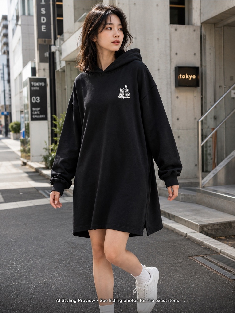 niqlo UT Disney Mickey Donald Black Oversized Hoodie Dress Women’s S